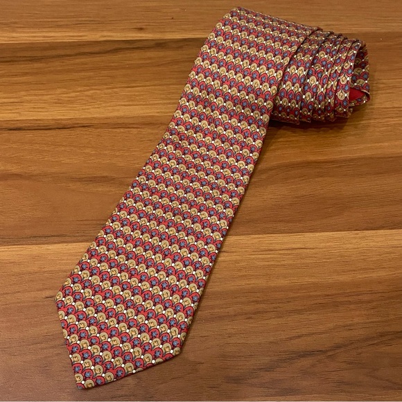 HERMÈS Paris 7673 TA Red Multi Scallop Mini Flowers Print 100% Silk Tie Necktie - Picture 2 of 14